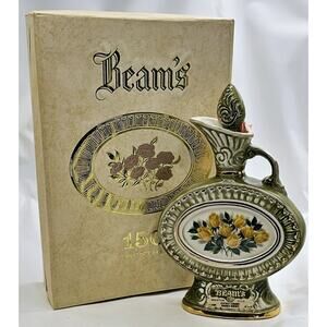 Vtg 150 Months Jim Beam Whiskey Decanter W/Box 1969 Green w/Yellow Roses Empty
